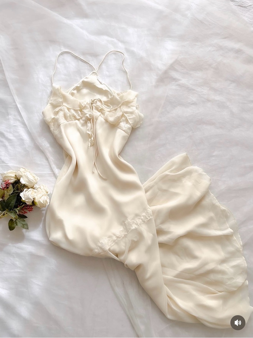 Lace-Trim Satin Slip Dress in Cream - Picture 2 of 7
